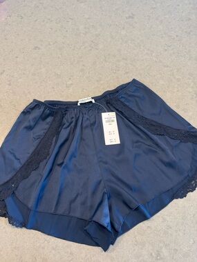 Abercrombie & Fitch Navy Satin Lace-Trim Sleep Shorts